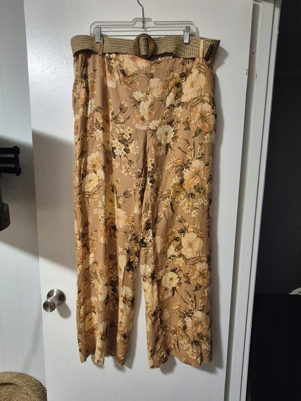 Mango Floral Wide-Leg Linen Pants with Woven Belt Size 46 - Picture 4 of 10